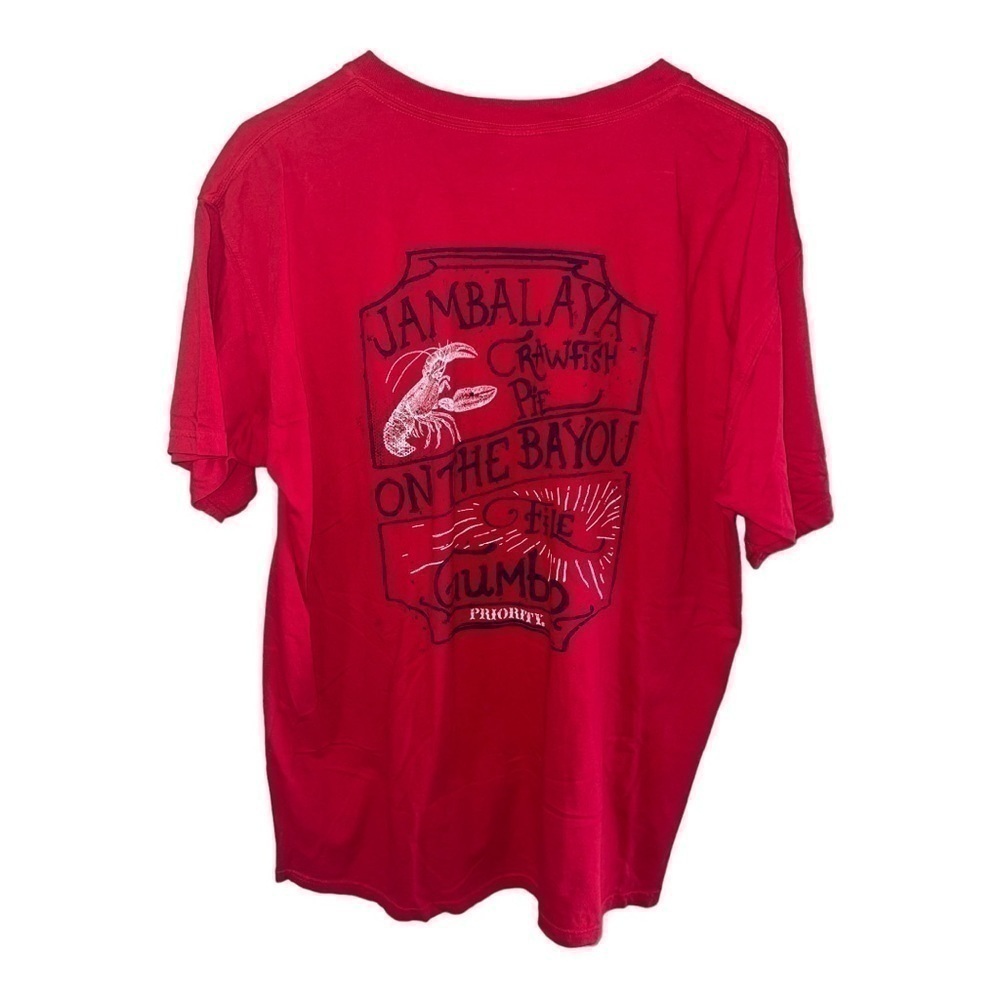 PRIORITY MENS CAJUN JAMBALAYA CRAWFISH PIE RED SHORT SLEEVE TEE SIZE LARGE